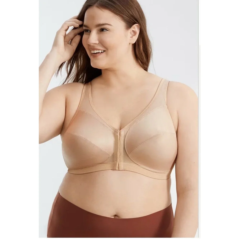 Glamorise Womens Size 50D Magic Lift Front Close Posture Back Wire Free Bra Nude